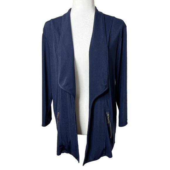 Easywear Chico's Women's Open Front Jacket L Navy Blue Zipper Pockets Shawl Neck - Picture 2 of 10